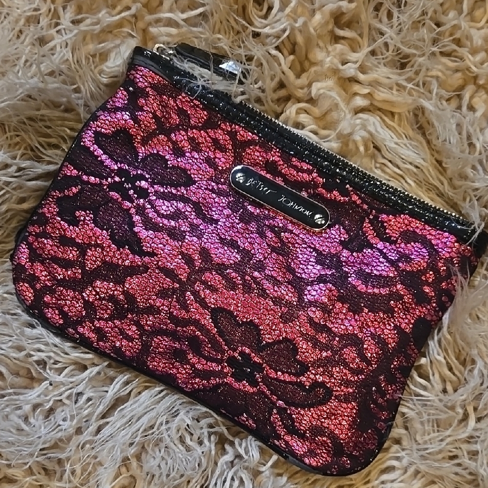 Betsey Johnson Pink and Black Cosmetic Bag with Lace Design - Picture 2 of 6